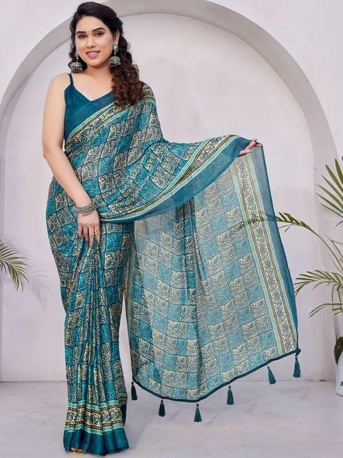 mirchi fashion teal blue printed saree with unstitched blouse