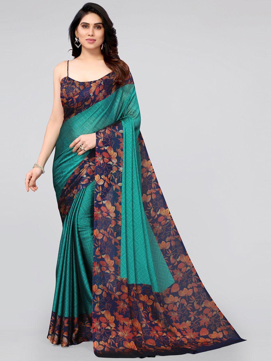 mirchi fashion teal green & navy blue floral printed saree