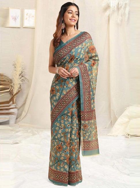 mirchi fashion teal green cotton floral print saree with unstitched blouse