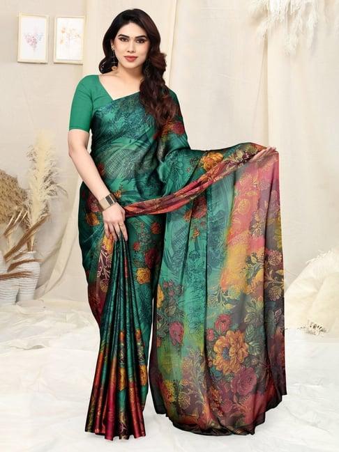 mirchi fashion teal green floral print saree with unstitched blouse piece