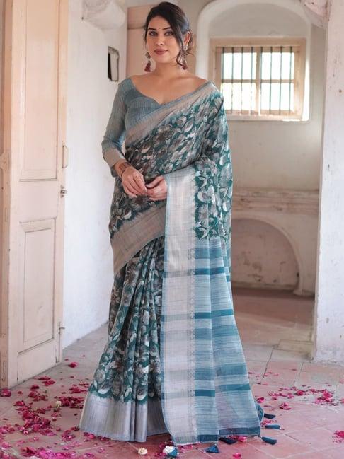 mirchi fashion teal green floral print saree with unstitched blouse