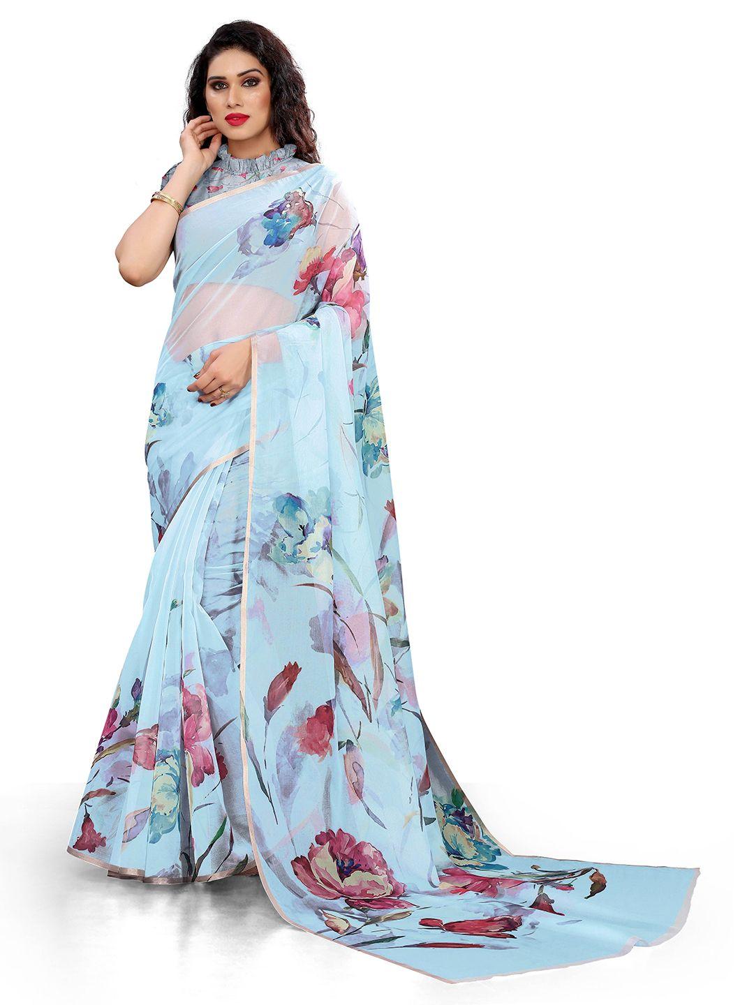 mirchi fashion turquoise blue & pink floral organza bagh saree