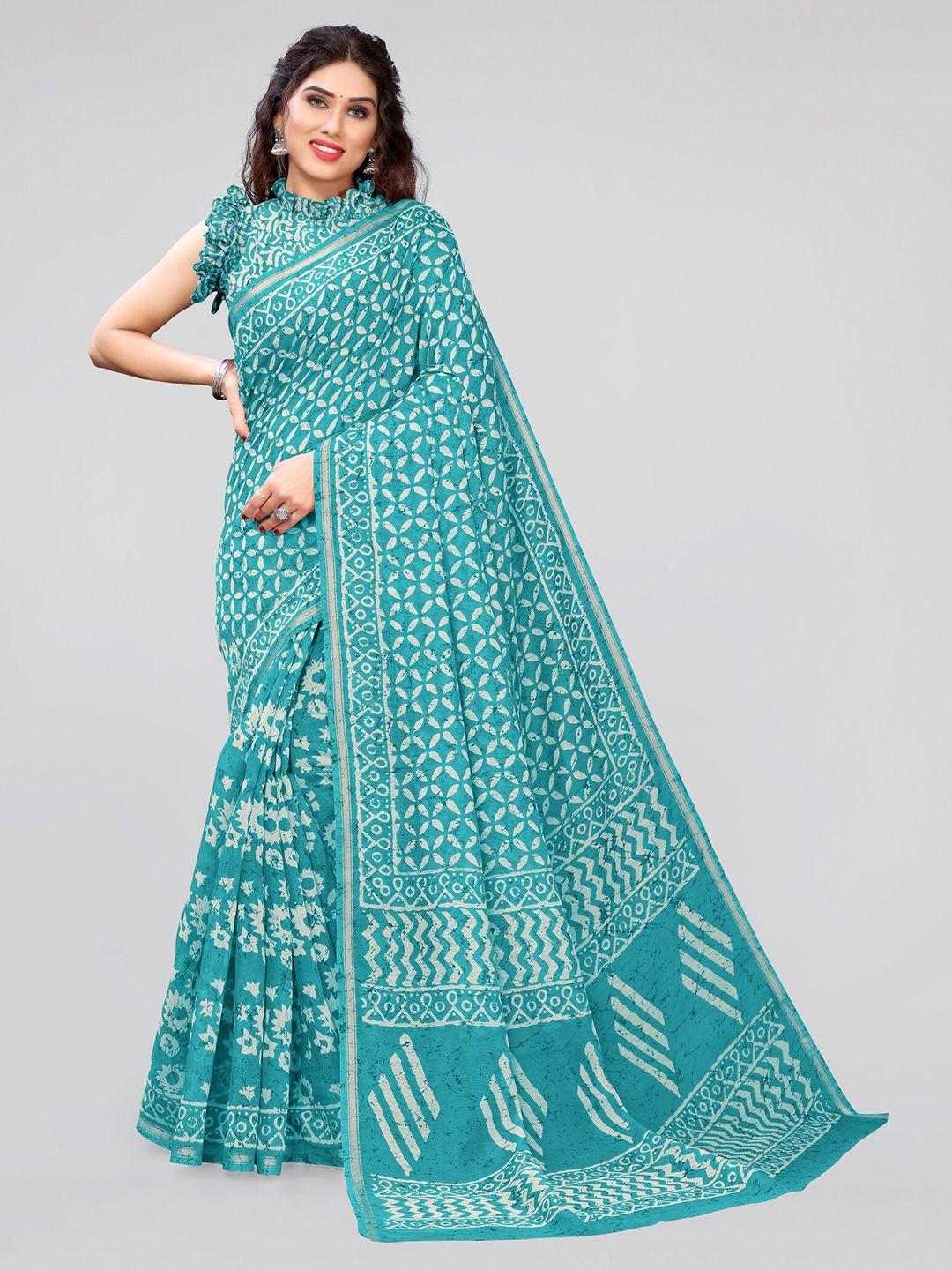 mirchi fashion turquoise blue & white batik zari saree