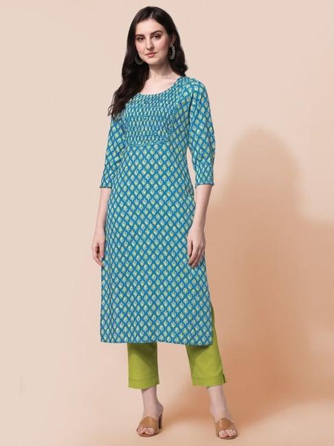 mirchi fashion turquoise embroidered straight kurta