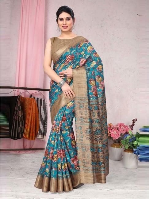 mirchi fashion turquoise floral print saree with unstitched blouse