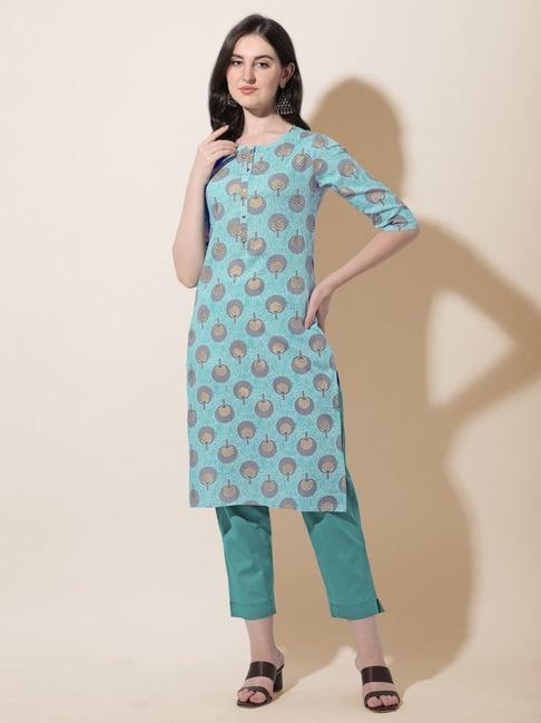 mirchi fashion turquoise printed straight kurta