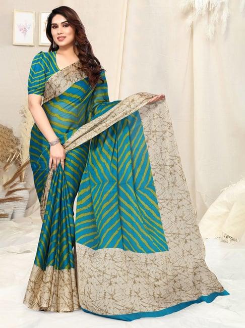 mirchi fashion turquoise striped saree with unstitched blouse piece