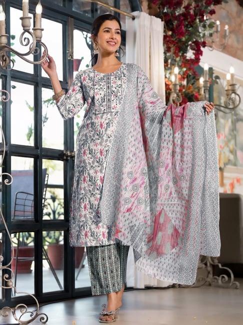 mirchi fashion white & grey cotton floral print kurta pant set with dupatta