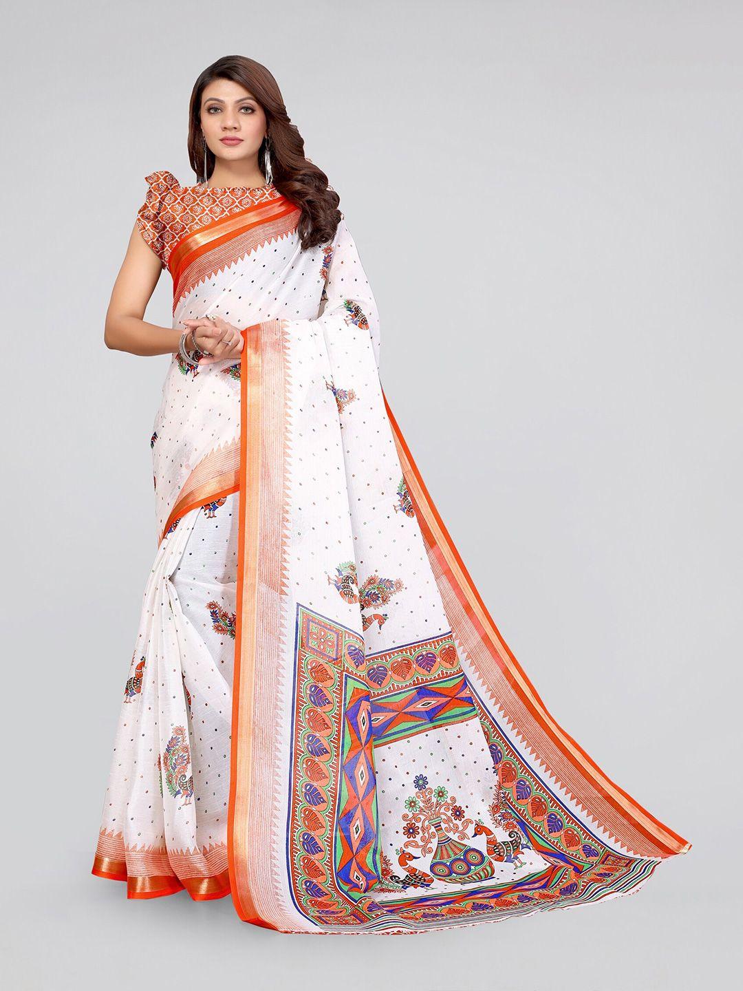 mirchi fashion white & orange ethnic motifs zari baluchari penny cotton saree