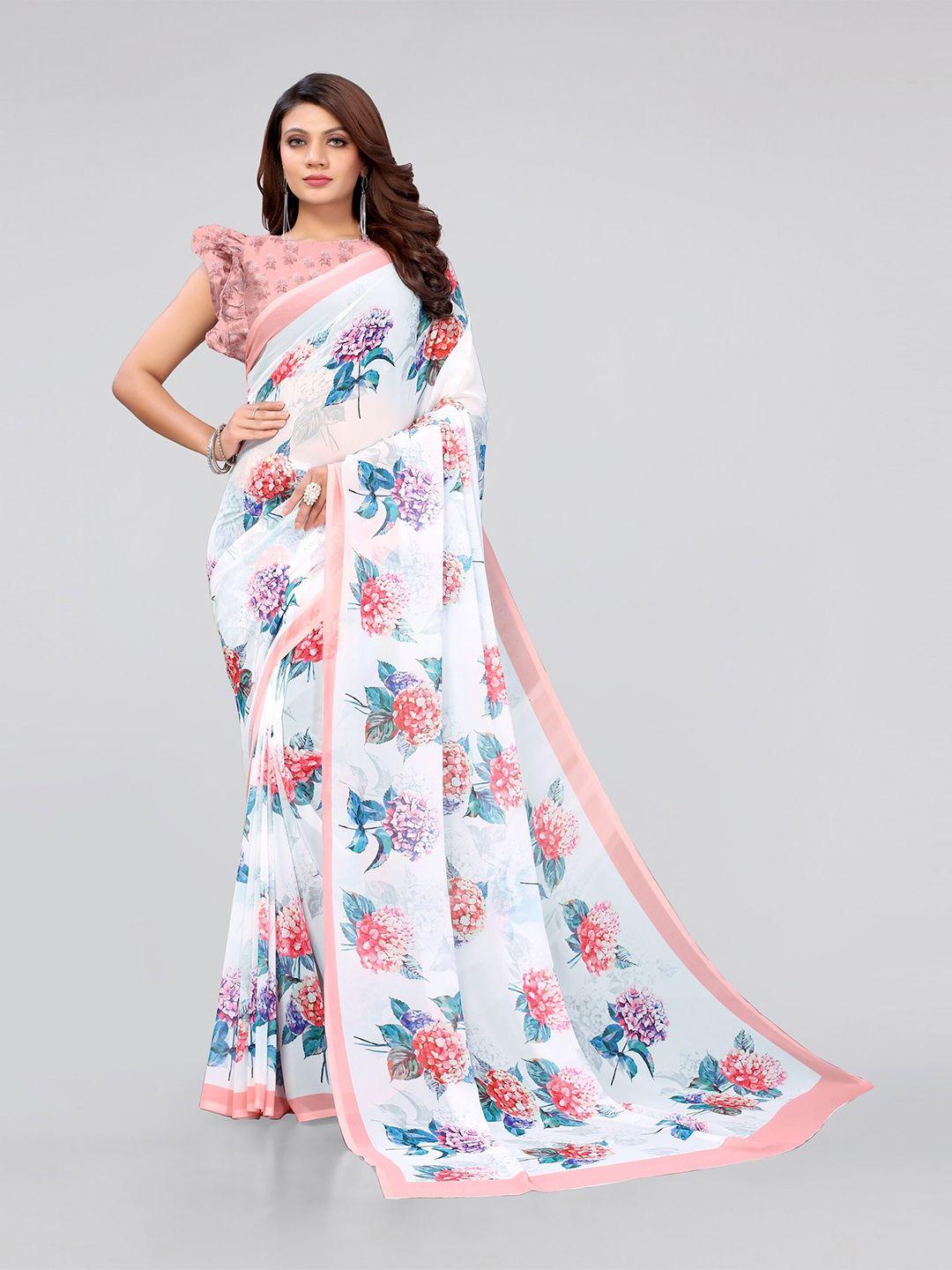 mirchi fashion white & peach-coloured floral bagh saree
