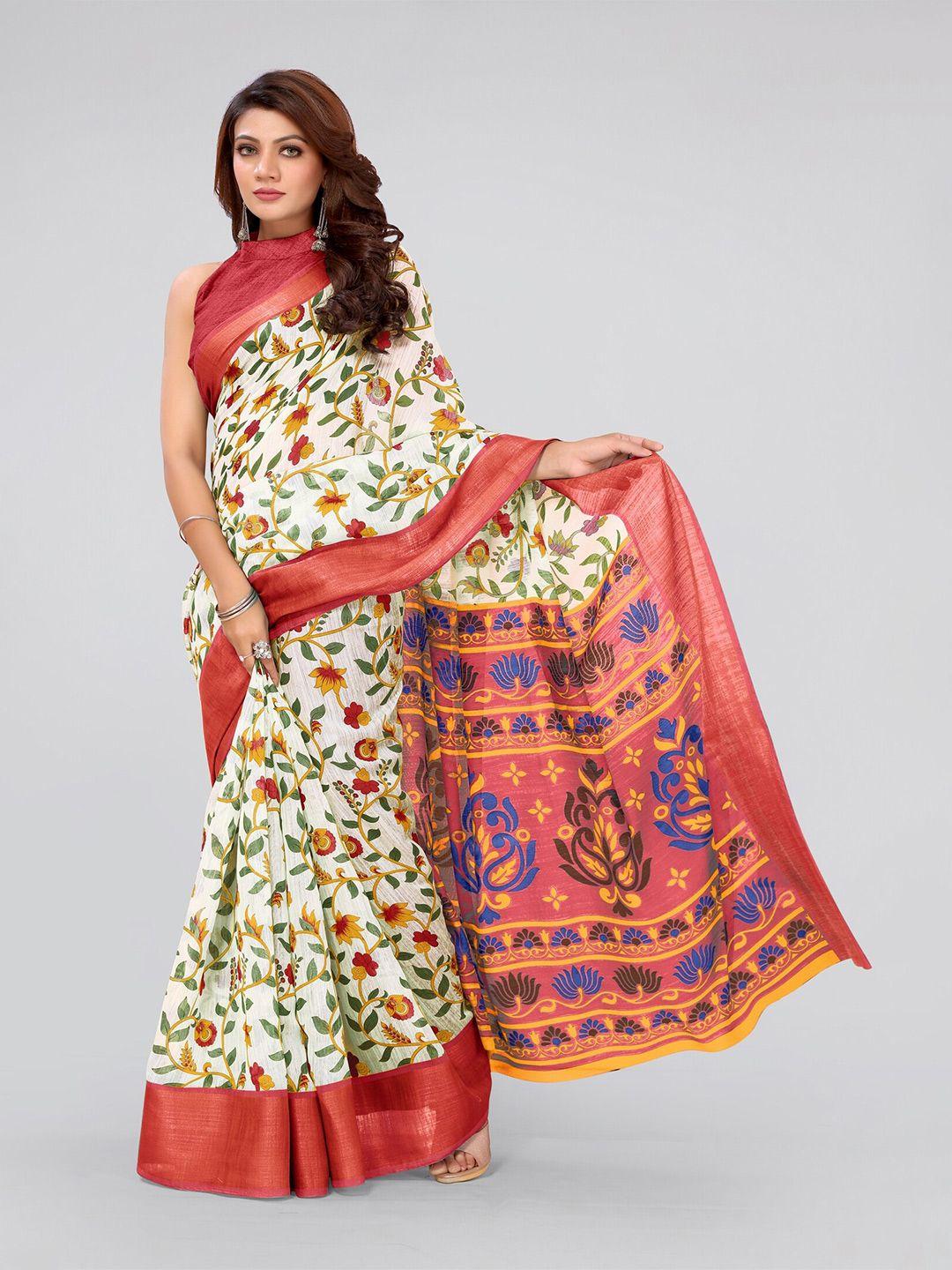 mirchi fashion white & red floral printed zari saree