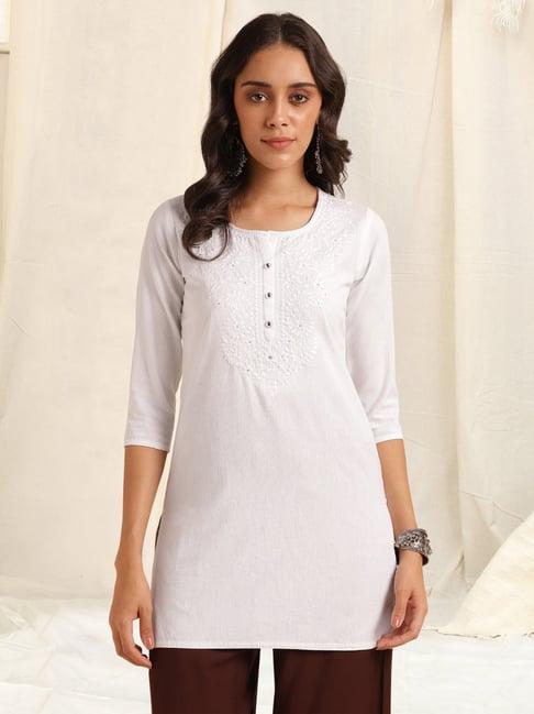mirchi fashion white cotton embroidered straight short kurti
