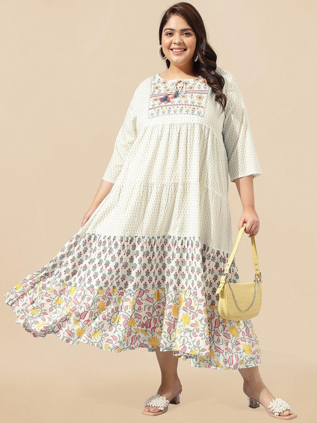 mirchi fashion white plus size floral printed neck embroidered tiered empire ethnic dress