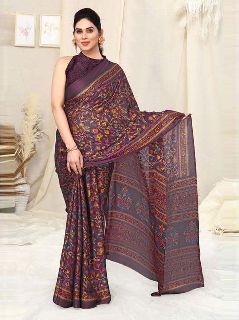 mirchi fashion wine floral print saree with unstitched blouse