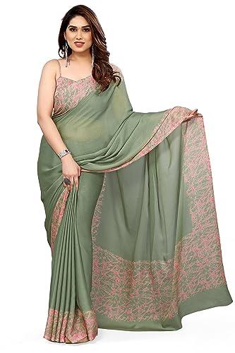 mirchi fashion women's plain weave chiffon abstrect printed saree with blouse piece (39198a-dusty green, pink)