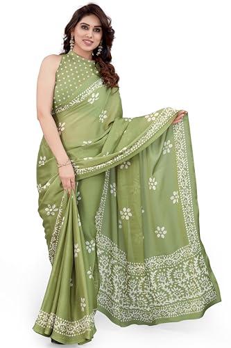 mirchi fashion women's plain weave chiffon batik printed saree with blouse piece (37996-pista green, white)