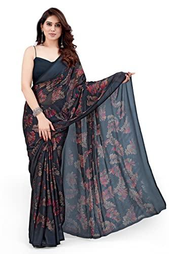 mirchi fashion women's plain weave chiffon leaf printed saree with blouse piece (37472-black, multicolor)