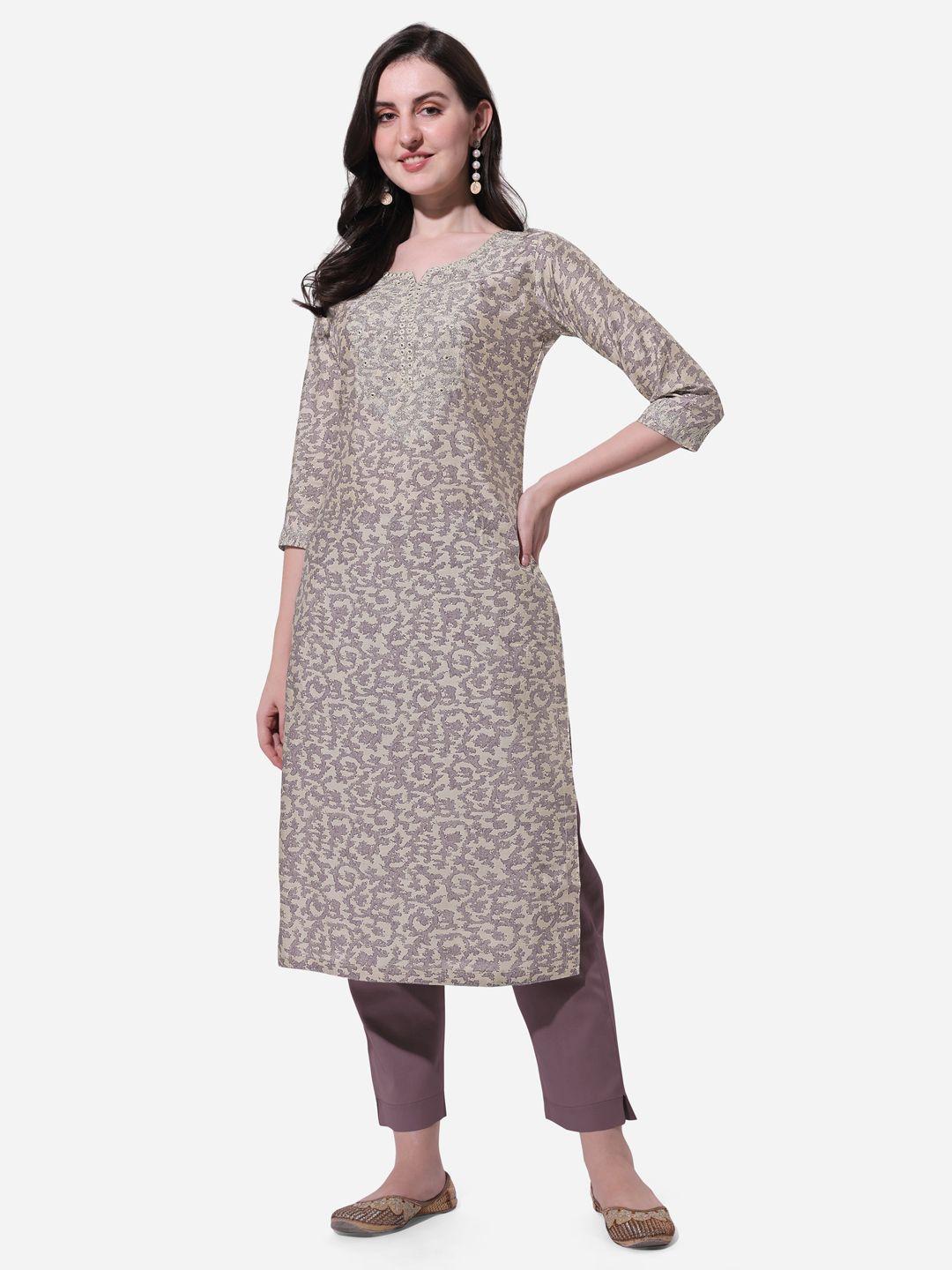 mirchi fashion women beige & grey printed straight kurta