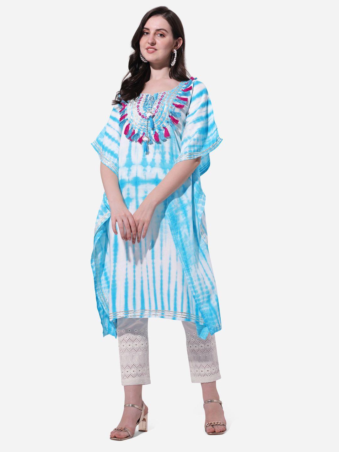 mirchi fashion women blue & white dyed flared sleeves kaftan kurta