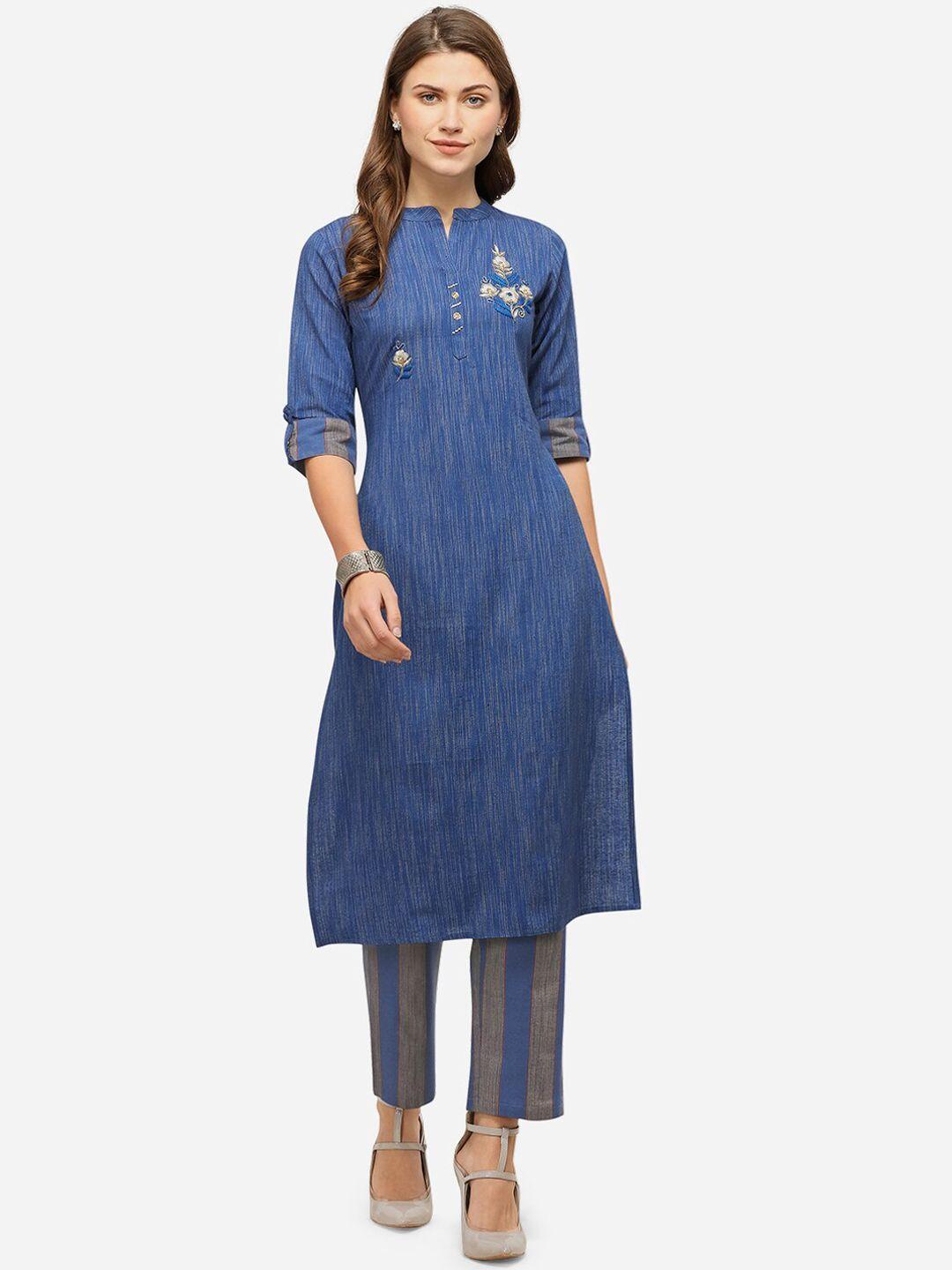 mirchi fashion women blue embroidered kurta with trousers