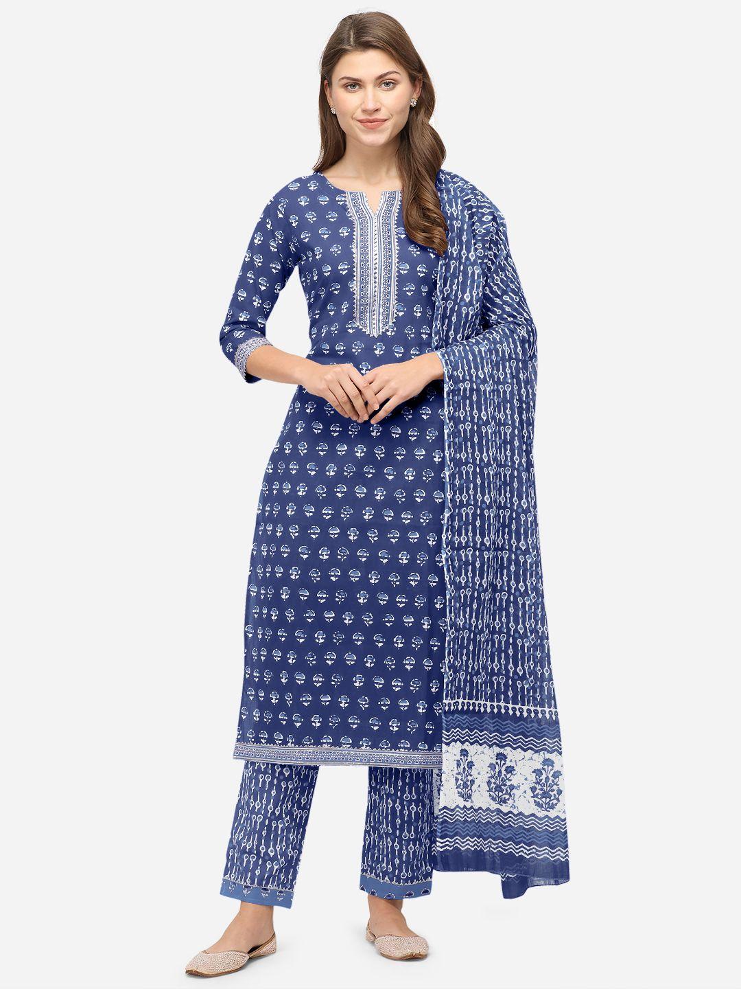 mirchi fashion women blue ethnic motifs printed gotta patti pure cotton kurta with trousers & with dupatta