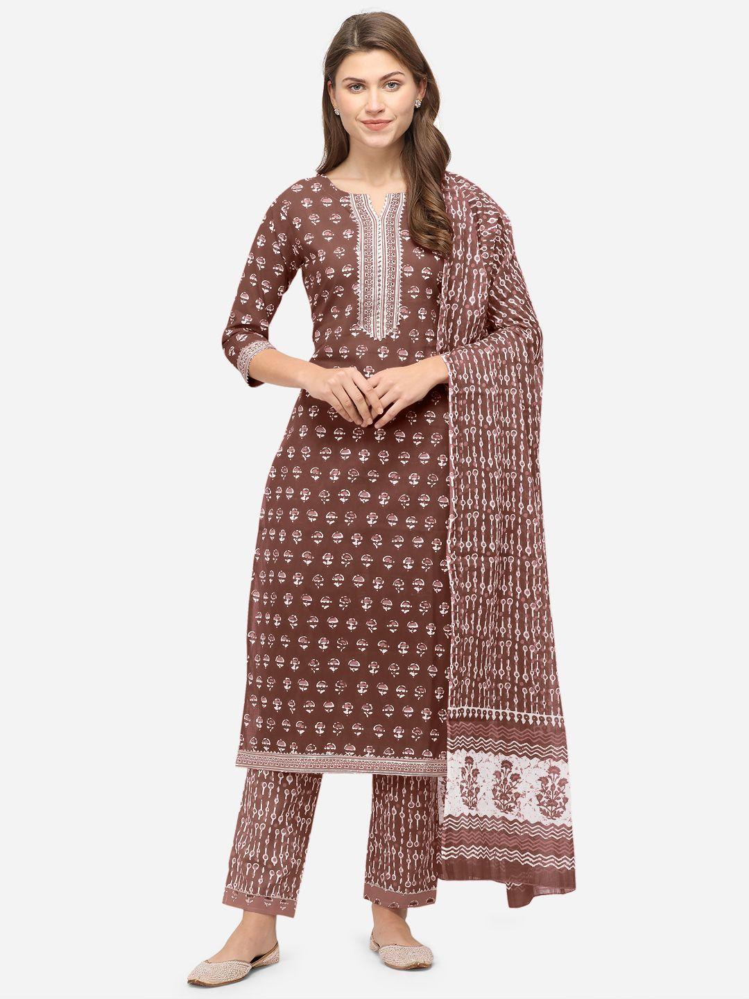 mirchi fashion women brown ethnic motifs printed gotta patti pure cotton kurta with trousers & with dupatta