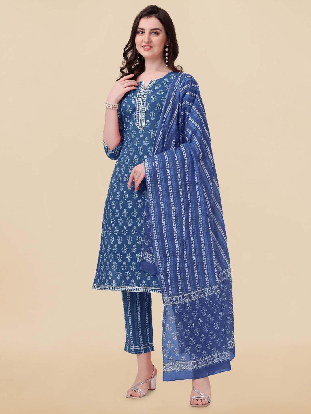 mirchi fashion women floral printed pure cotton kurta with trousers & with dupatta