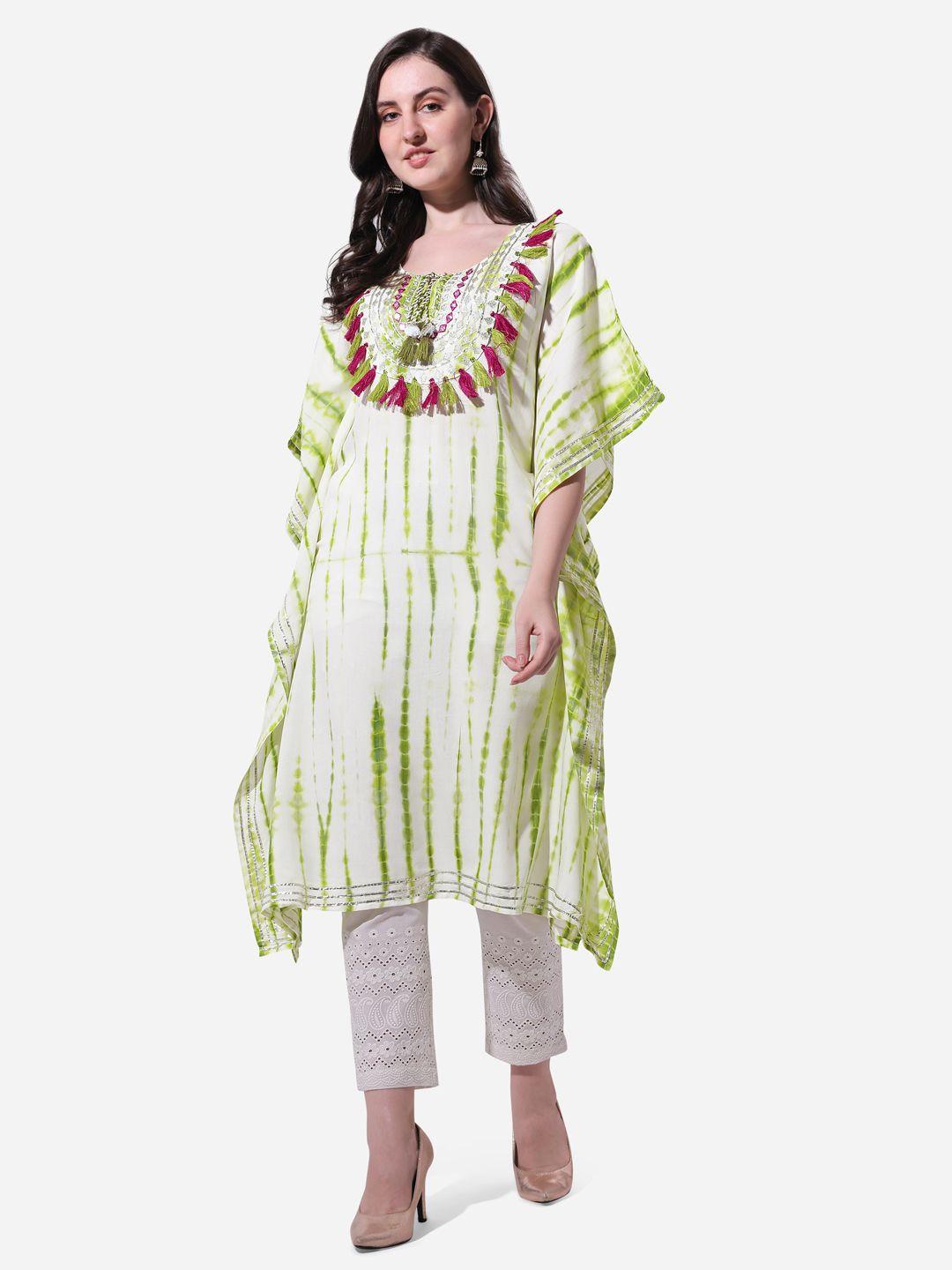 mirchi fashion women green & white shibori kaftan kurta