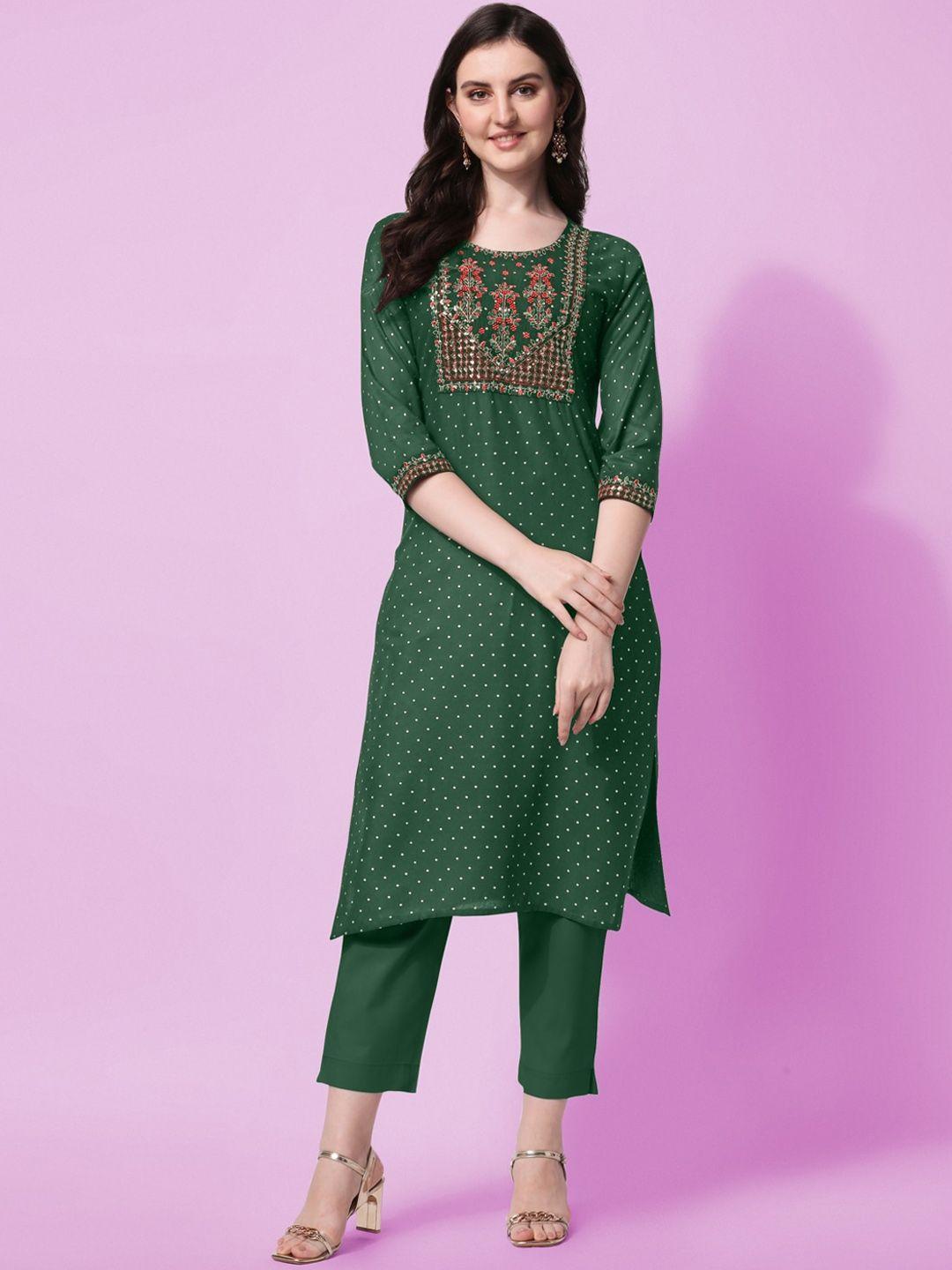 mirchi fashion women green ethnic motifs yoke design thread work kurta