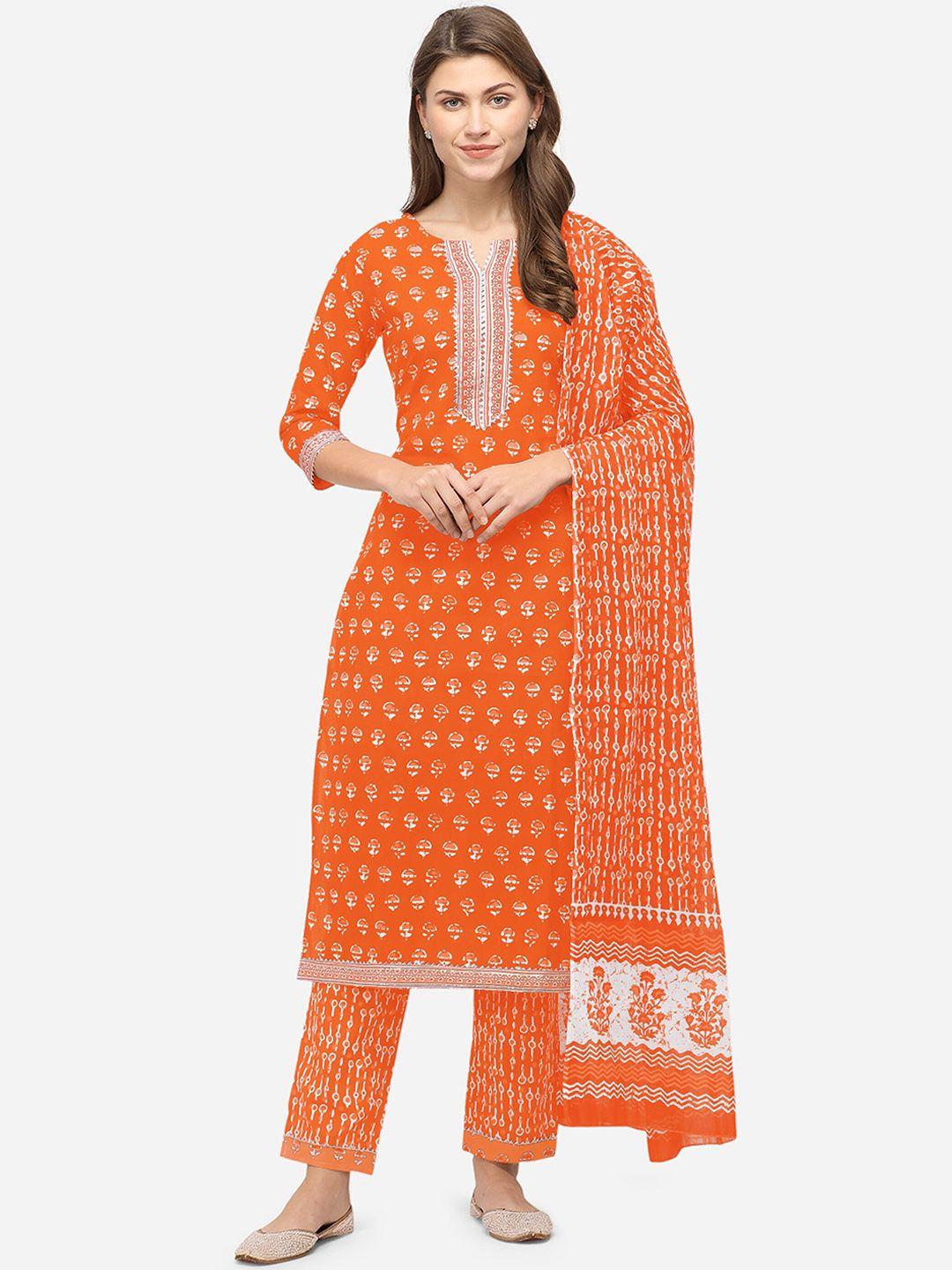 mirchi fashion women orange printed cotton blend  kurta with trousers & with dupatta