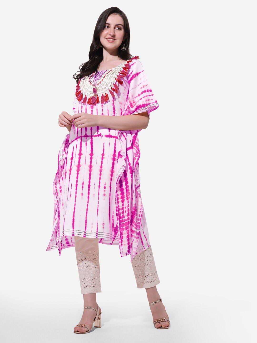 mirchi fashion women pink & off white printed flared sleeves kaftan kurta