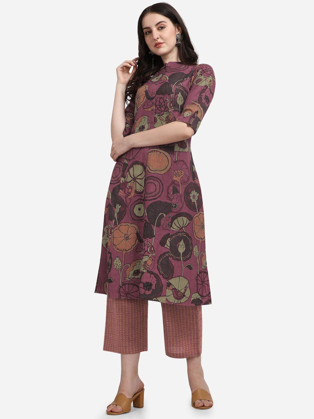 mirchi fashion women pink floral printed a-line kurta  with trousers