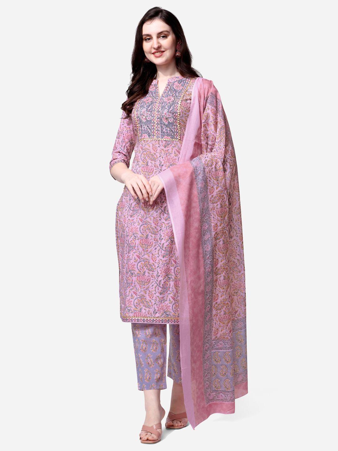 mirchi fashion women pink floral printed gotta patti pure cotton kurta with trousers & with dupatta