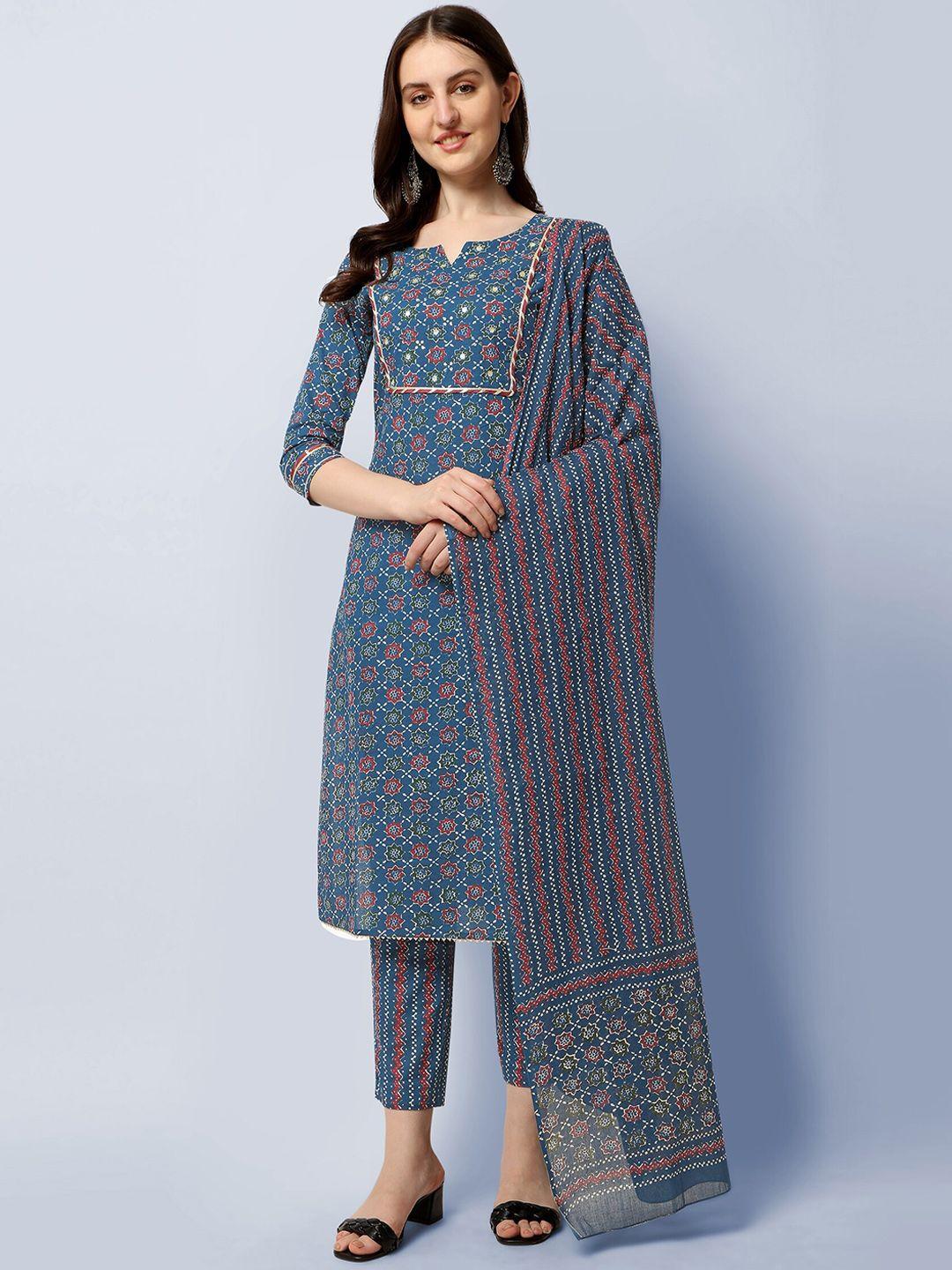 mirchi fashion women plus size blue ethnic motifs kurta with trousers & with dupatta