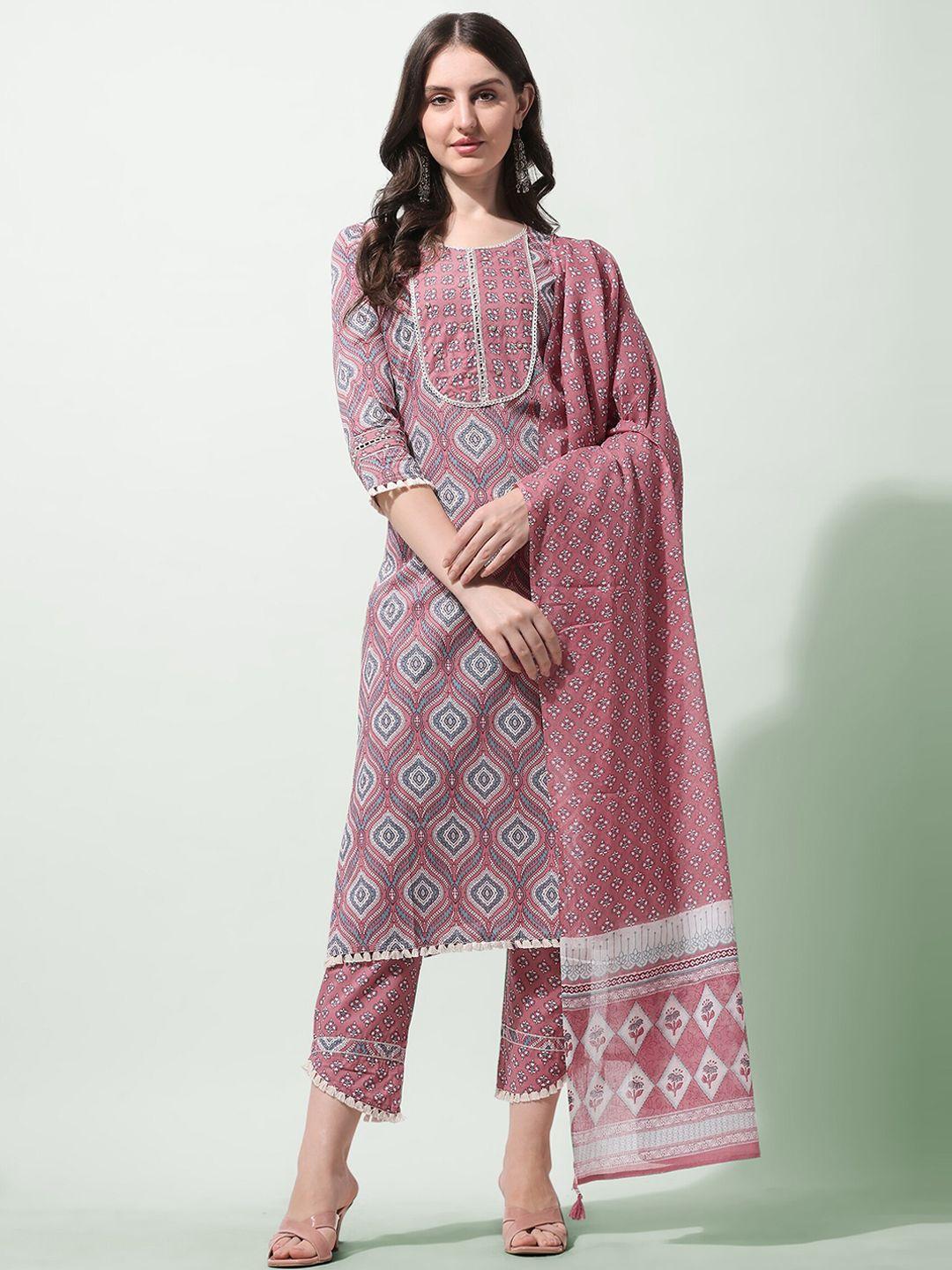 mirchi fashion women plus size coral & white pure cotton kurta with trousers &  dupatta