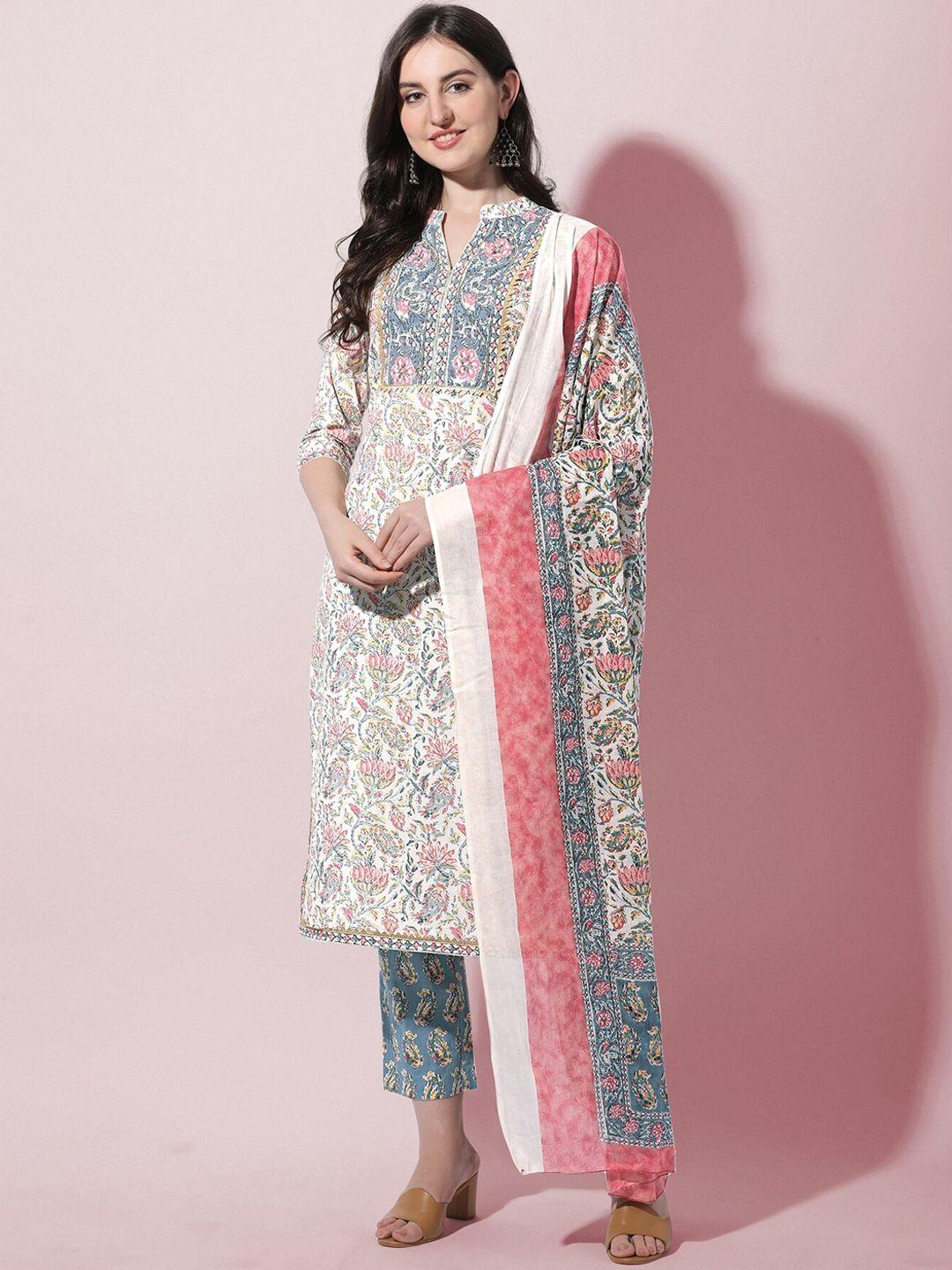 mirchi fashion women plus size cream ethnic pure cotton kurta with trousers & dupatta