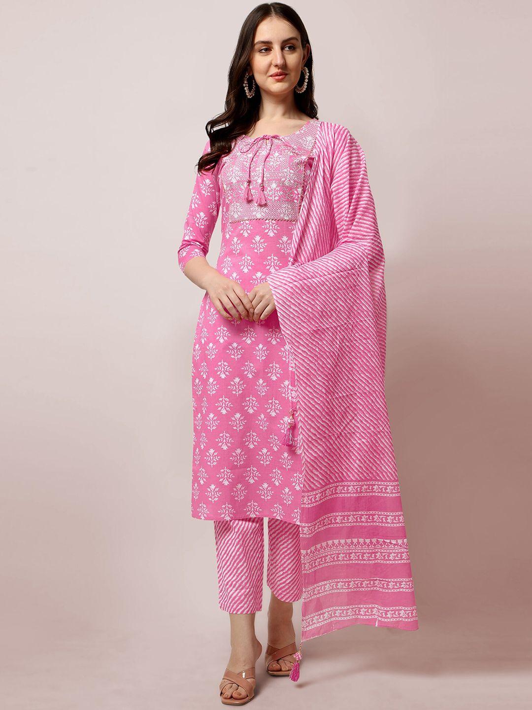 mirchi fashion women plus size pink floral printed kurta with trousers & dupatta