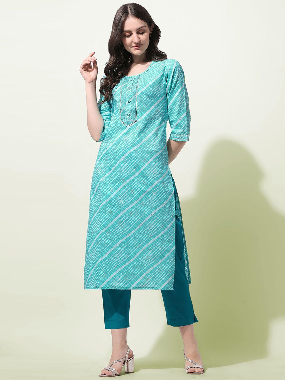 mirchi fashion women plus size turquoise blue & white striped straight kurta