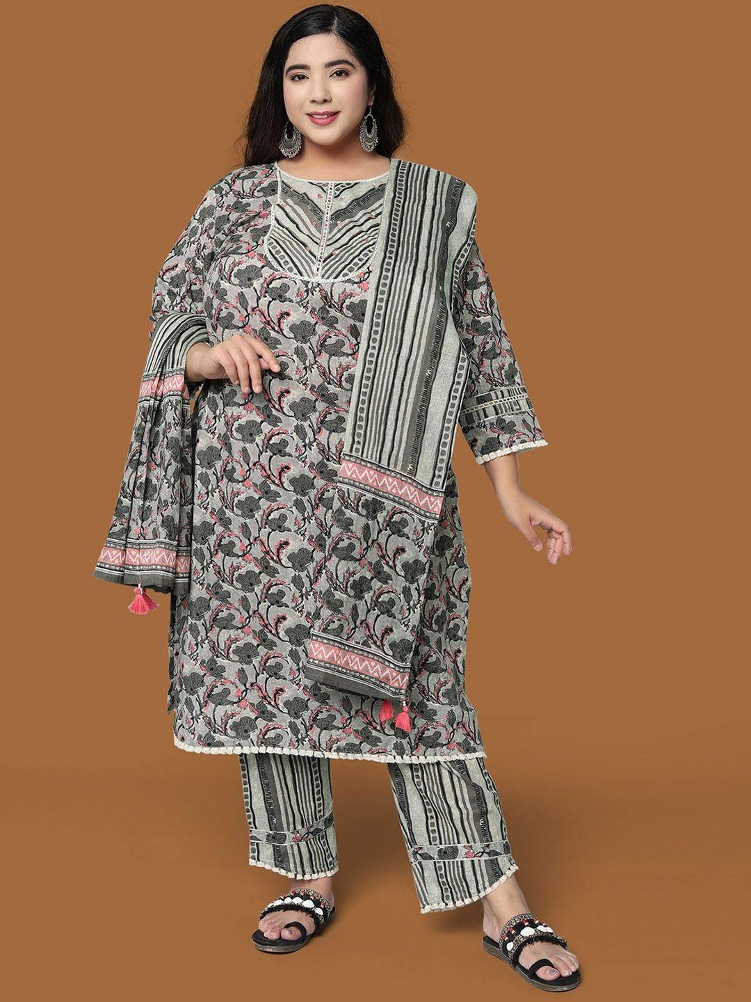 mirchi fashion women printed sequinned pure cotton kurti with trousers & with dupatta