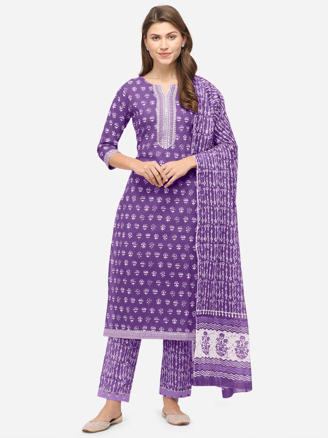 mirchi fashion women purple ethnic motifs printed gotta patti pure cotton kurta with trousers & with dupatta