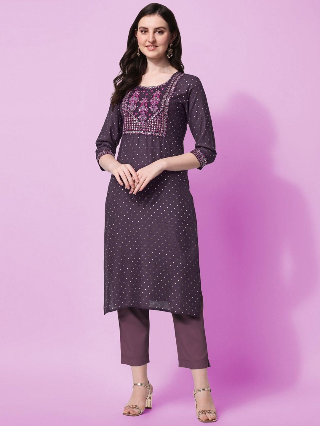 mirchi fashion women purple ethnic motifs yoke design thread work kurta