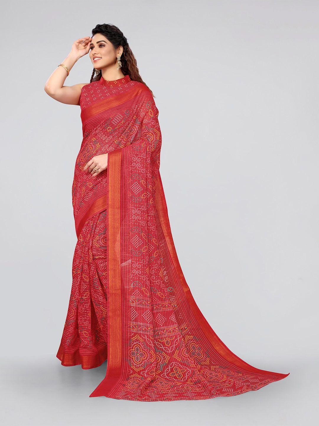 mirchi fashion women red & gold-toned zari bandhani saree