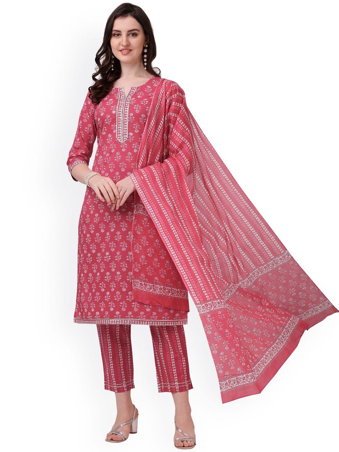 mirchi fashion women red floral printed gotta patti pure cotton kurta with trousers & with dupatta