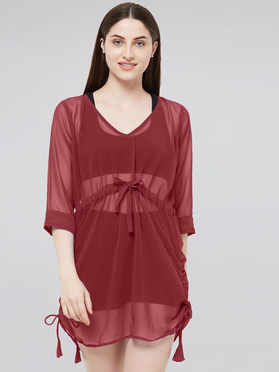 mirchi fashion women red sheer chiffon kaftan kurta