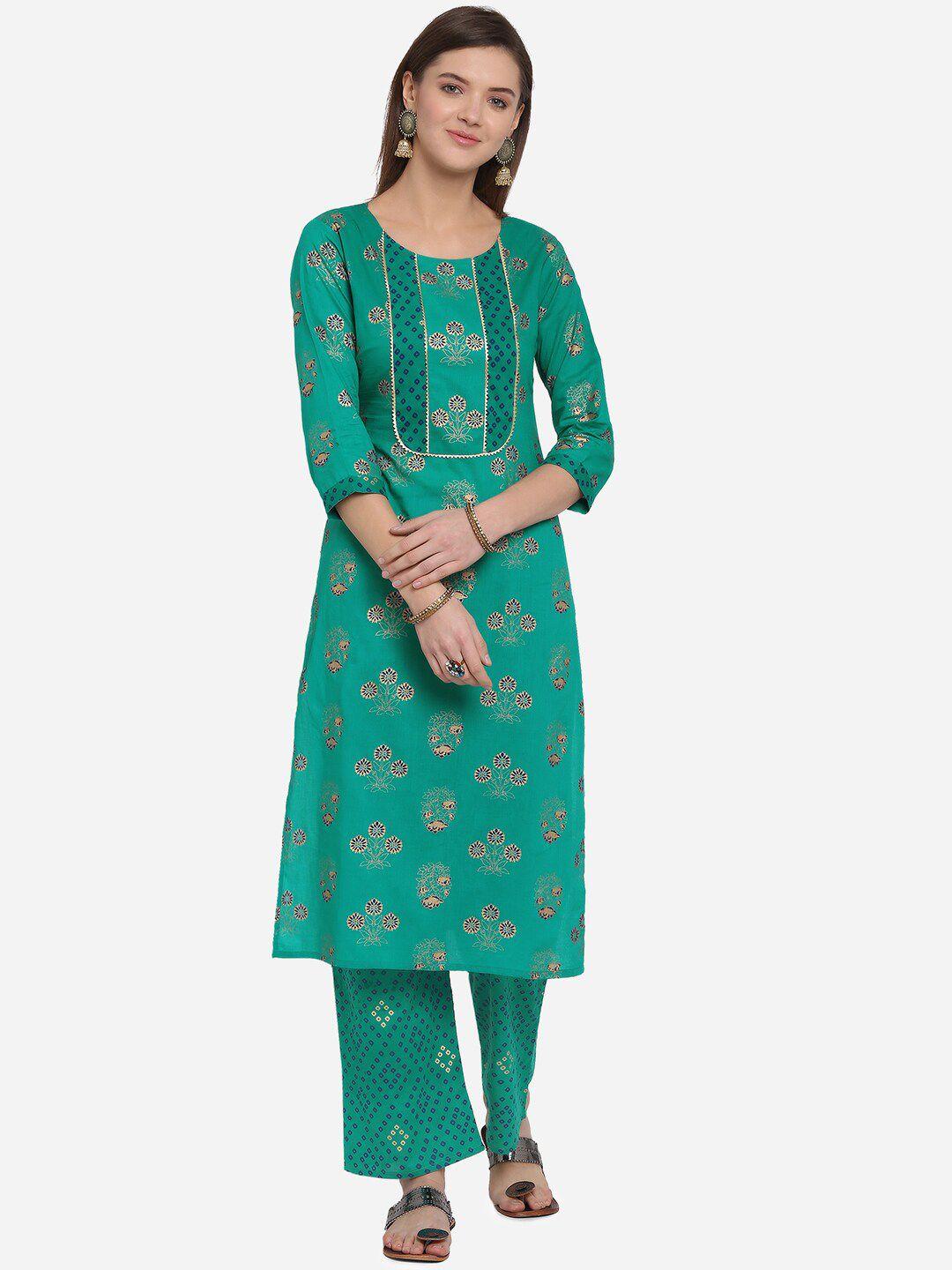 mirchi fashion women teal ethnic motifs printed layered kurta with palazzos