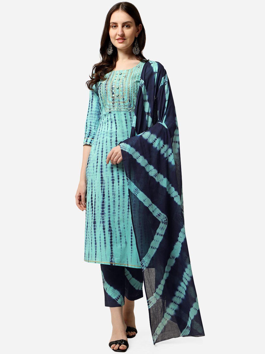 mirchi fashion women turquoise blue striped pleated sequinned kurti with trousers & with dupatta