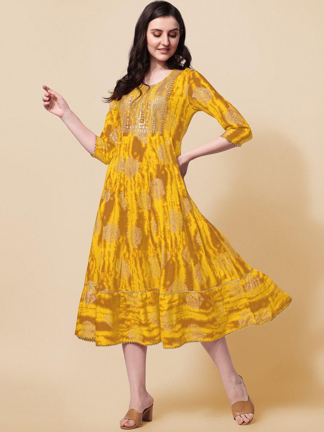 mirchi fashion women yellow printed keyhole neck flared sleeves anarkali kurta