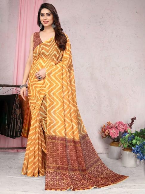 mirchi fashion yellow & maroon printed saree with unstitched blouse