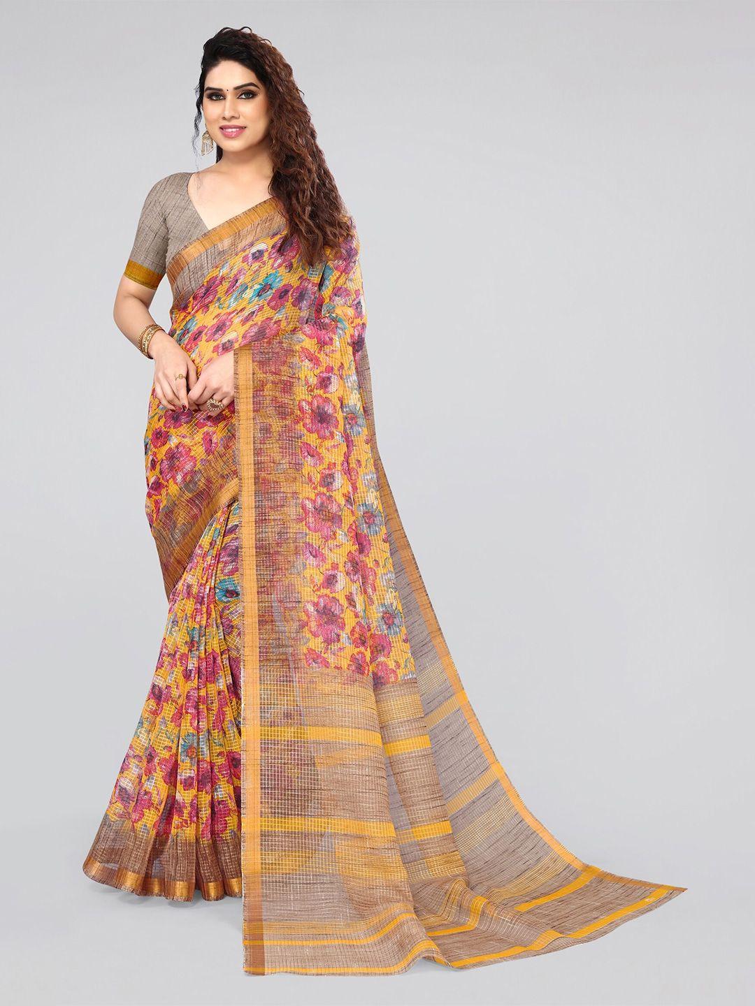 mirchi fashion yellow & pink floral printed zari saree