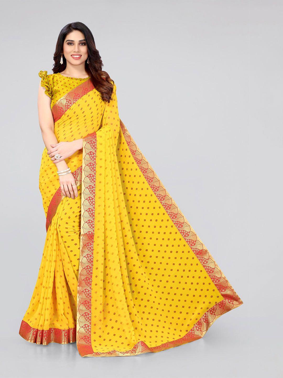mirchi fashion yellow & red bandhani zari bandhani saree